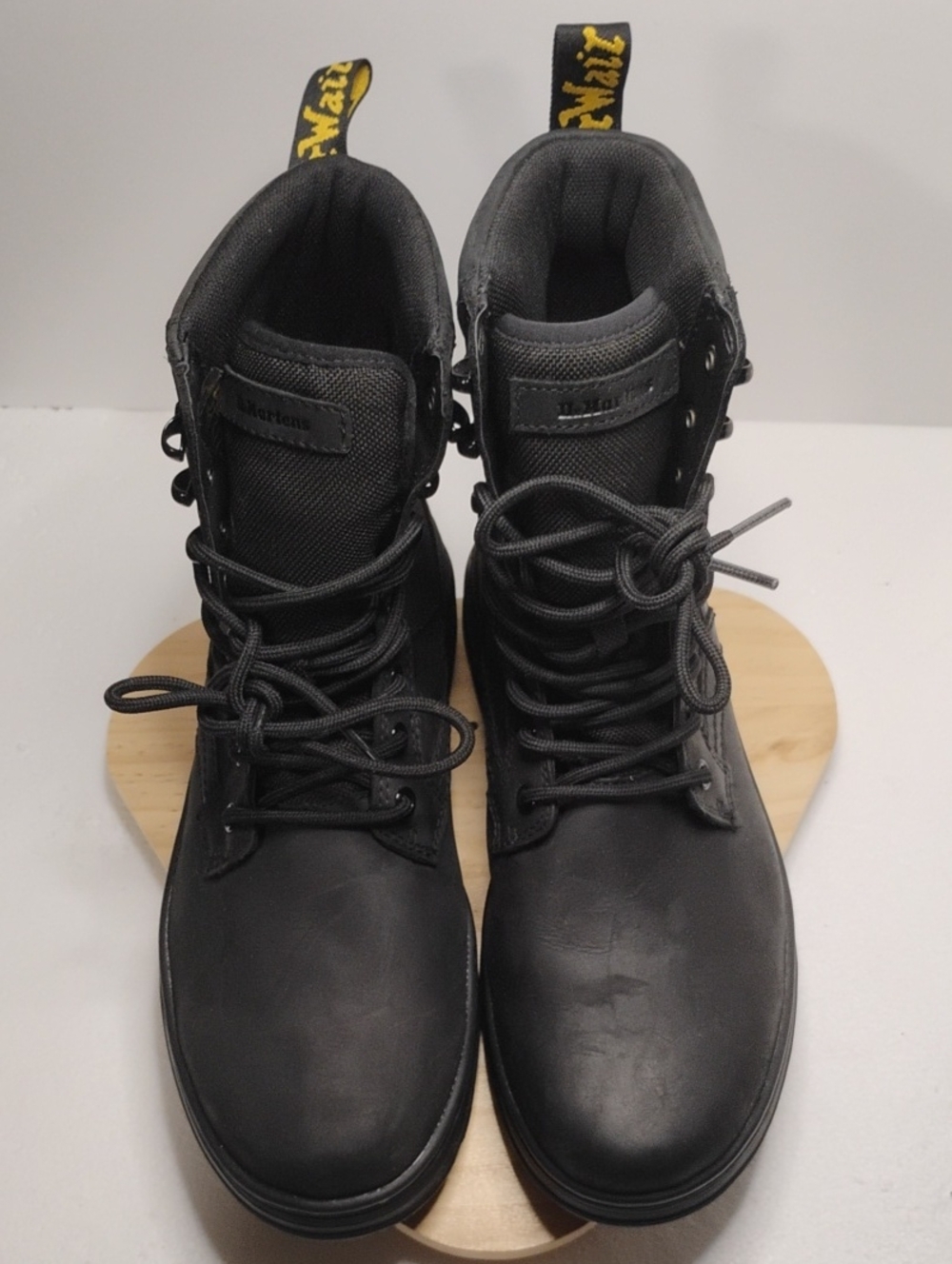 Dr. Martens Black Lace-Up Combat Boots with Yellow Heel Loop
